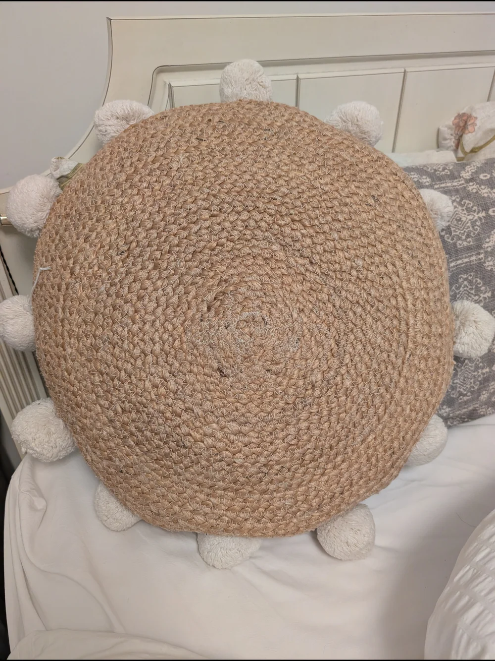Bohemian Large Round Woven Jute Pillow With Pom Poms